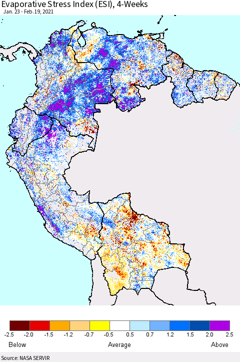 Northern South America Evaporative Stress Index (ESI), 4-Weeks Thematic Map For 2/15/2021 - 2/21/2021