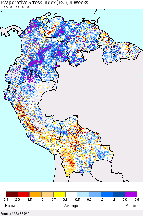 Northern South America Evaporative Stress Index (ESI), 4-Weeks Thematic Map For 2/22/2021 - 2/28/2021
