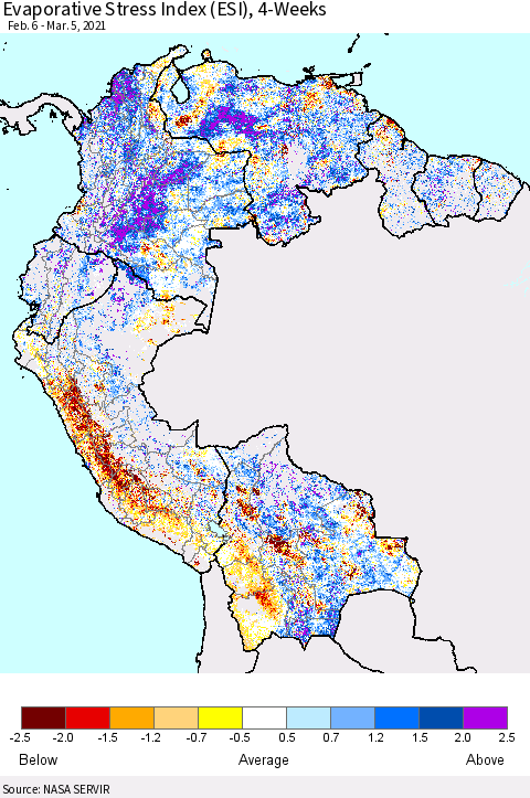 Northern South America Evaporative Stress Index (ESI), 4-Weeks Thematic Map For 3/1/2021 - 3/7/2021