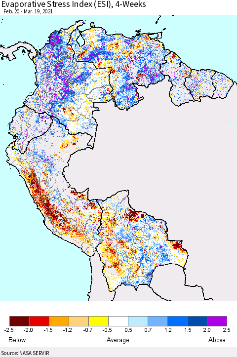 Northern South America Evaporative Stress Index (ESI), 4-Weeks Thematic Map For 3/15/2021 - 3/21/2021