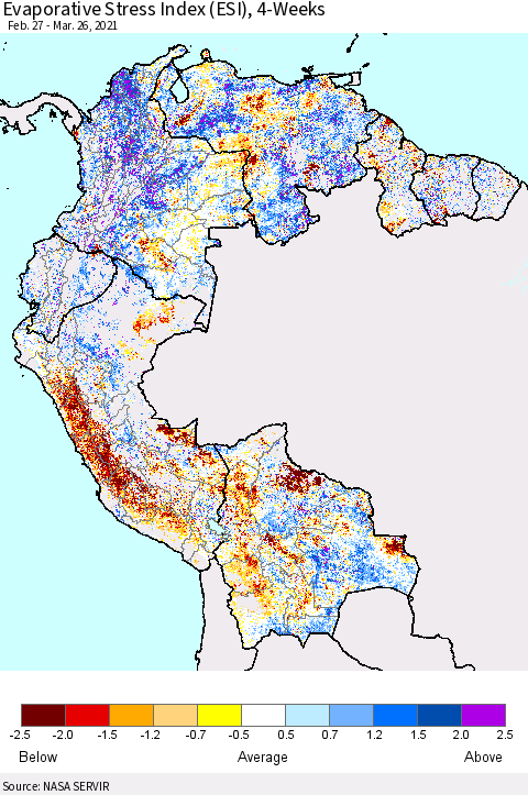 Northern South America Evaporative Stress Index (ESI), 4-Weeks Thematic Map For 3/22/2021 - 3/28/2021