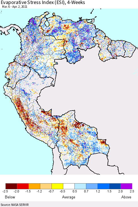 Northern South America Evaporative Stress Index (ESI), 4-Weeks Thematic Map For 3/29/2021 - 4/4/2021