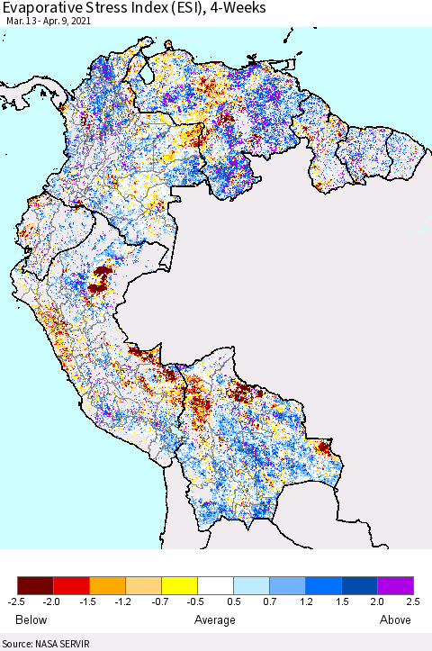 Northern South America Evaporative Stress Index (ESI), 4-Weeks Thematic Map For 4/5/2021 - 4/11/2021