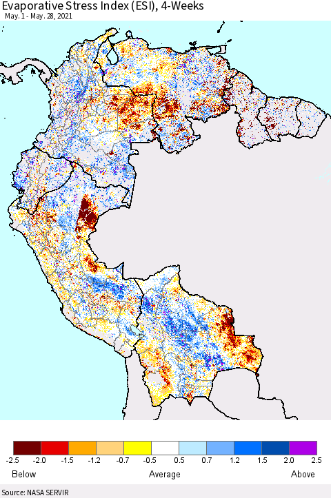 Northern South America Evaporative Stress Index (ESI), 4-Weeks Thematic Map For 5/24/2021 - 5/30/2021