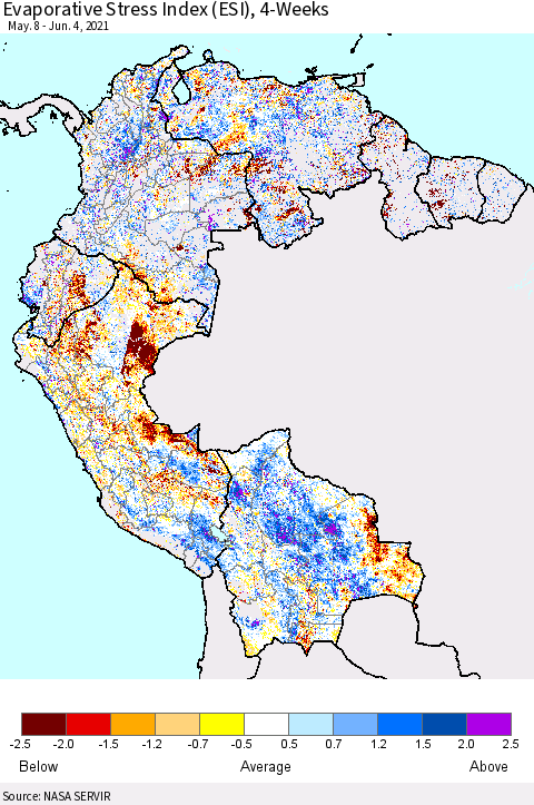 Northern South America Evaporative Stress Index (ESI), 4-Weeks Thematic Map For 5/31/2021 - 6/6/2021