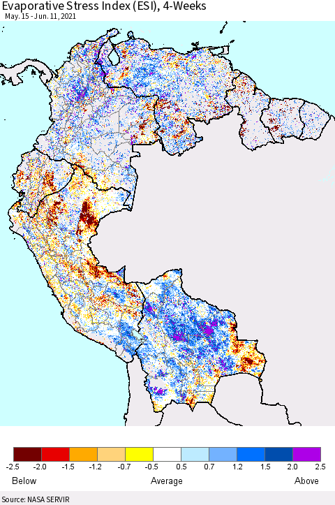 Northern South America Evaporative Stress Index (ESI), 4-Weeks Thematic Map For 6/7/2021 - 6/13/2021