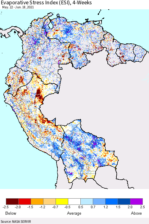 Northern South America Evaporative Stress Index (ESI), 4-Weeks Thematic Map For 6/14/2021 - 6/20/2021