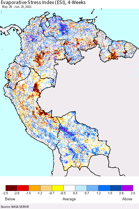 Northern South America Evaporative Stress Index (ESI), 4-Weeks Thematic Map For 6/21/2021 - 6/27/2021
