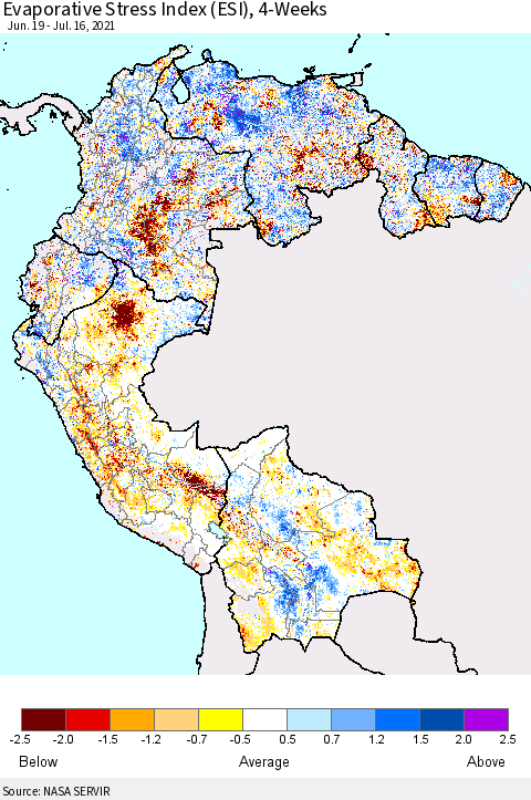 Northern South America Evaporative Stress Index (ESI), 4-Weeks Thematic Map For 7/12/2021 - 7/18/2021