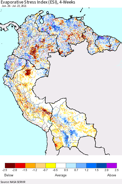Northern South America Evaporative Stress Index (ESI), 4-Weeks Thematic Map For 7/19/2021 - 7/25/2021