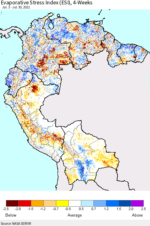 Northern South America Evaporative Stress Index (ESI), 4-Weeks Thematic Map For 7/26/2021 - 8/1/2021