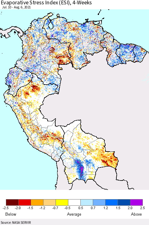 Northern South America Evaporative Stress Index (ESI), 4-Weeks Thematic Map For 8/2/2021 - 8/8/2021