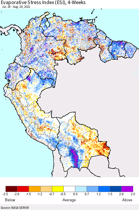 Northern South America Evaporative Stress Index (ESI), 4-Weeks Thematic Map For 8/16/2021 - 8/22/2021