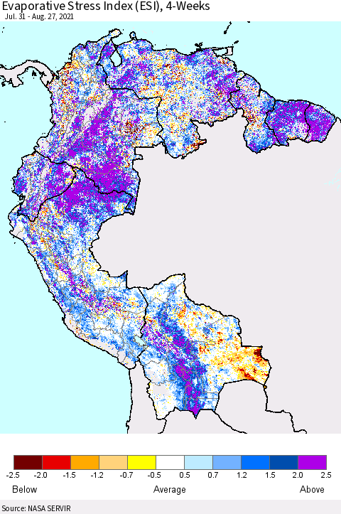 Northern South America Evaporative Stress Index (ESI), 4-Weeks Thematic Map For 8/23/2021 - 8/29/2021
