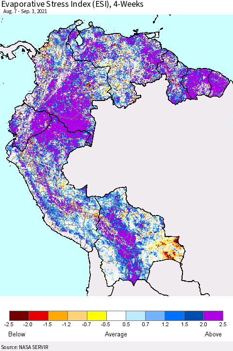 Northern South America Evaporative Stress Index (ESI), 4-Weeks Thematic Map For 8/30/2021 - 9/5/2021