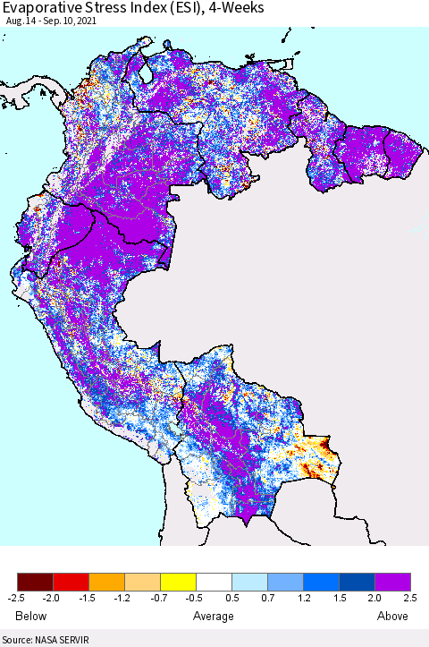 Northern South America Evaporative Stress Index (ESI), 4-Weeks Thematic Map For 9/6/2021 - 9/12/2021