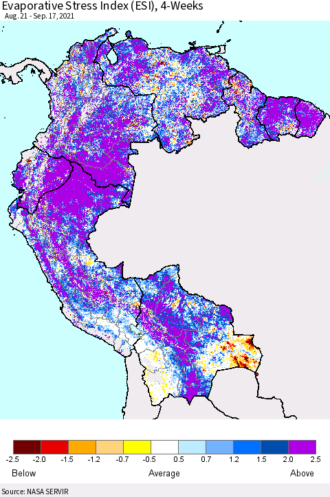 Northern South America Evaporative Stress Index (ESI), 4-Weeks Thematic Map For 9/13/2021 - 9/19/2021