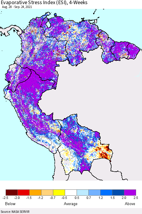 Northern South America Evaporative Stress Index (ESI), 4-Weeks Thematic Map For 9/20/2021 - 9/26/2021