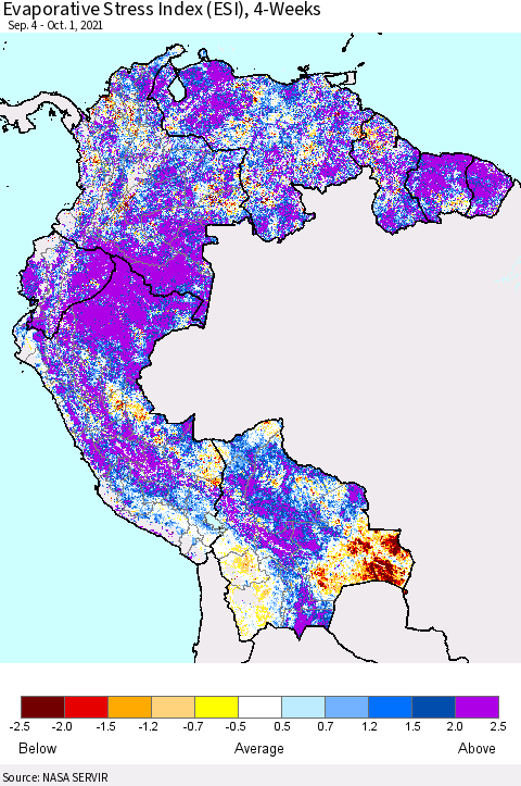 Northern South America Evaporative Stress Index (ESI), 4-Weeks Thematic Map For 9/27/2021 - 10/3/2021