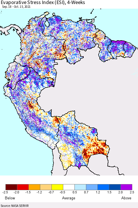 Northern South America Evaporative Stress Index (ESI), 4-Weeks Thematic Map For 10/11/2021 - 10/17/2021