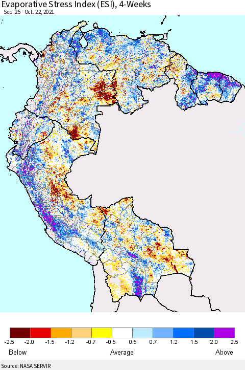Northern South America Evaporative Stress Index (ESI), 4-Weeks Thematic Map For 10/18/2021 - 10/24/2021