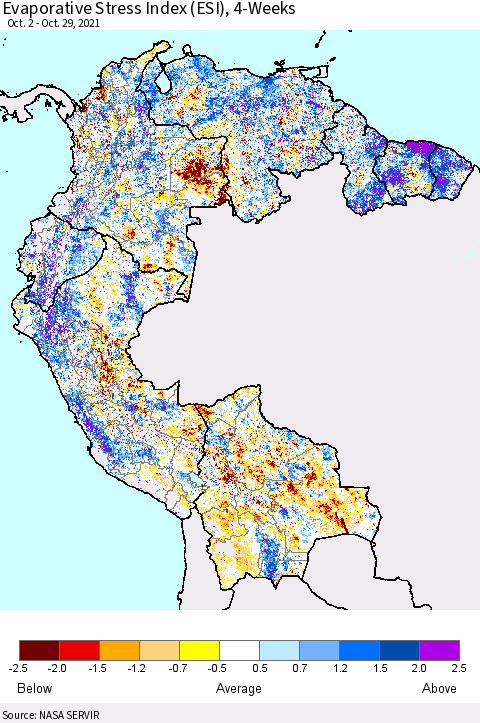 Northern South America Evaporative Stress Index (ESI), 4-Weeks Thematic Map For 10/25/2021 - 10/31/2021