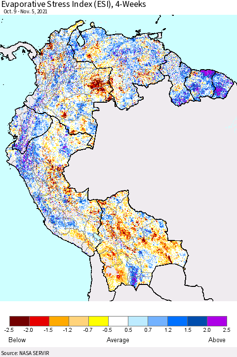 Northern South America Evaporative Stress Index (ESI), 4-Weeks Thematic Map For 11/1/2021 - 11/7/2021