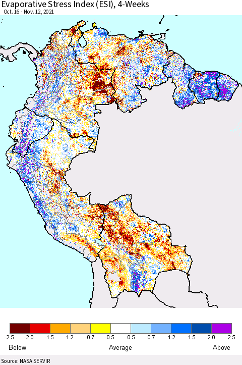 Northern South America Evaporative Stress Index (ESI), 4-Weeks Thematic Map For 11/8/2021 - 11/14/2021
