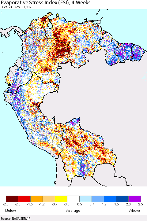 Northern South America Evaporative Stress Index (ESI), 4-Weeks Thematic Map For 11/15/2021 - 11/21/2021