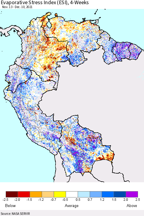 Northern South America Evaporative Stress Index (ESI), 4-Weeks Thematic Map For 12/6/2021 - 12/12/2021