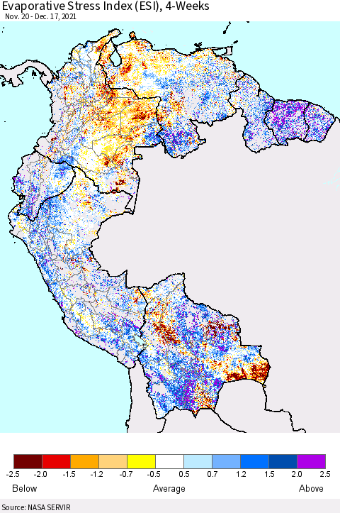 Northern South America Evaporative Stress Index (ESI), 4-Weeks Thematic Map For 12/13/2021 - 12/19/2021