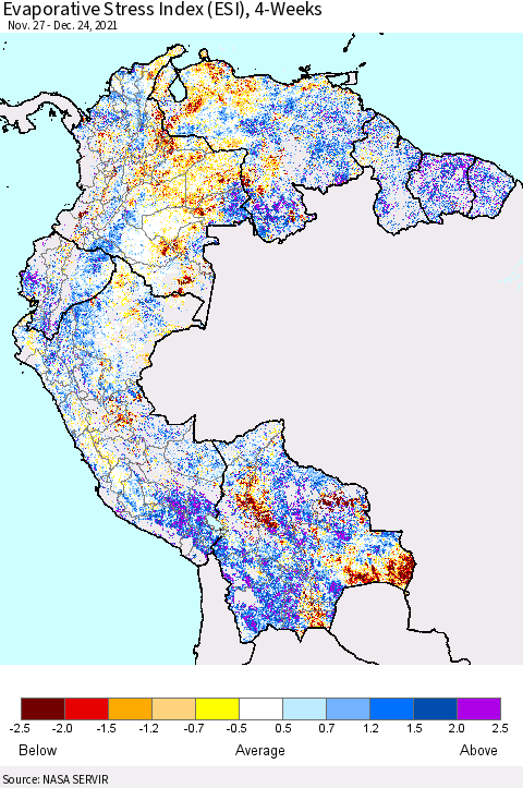 Northern South America Evaporative Stress Index (ESI), 4-Weeks Thematic Map For 12/20/2021 - 12/26/2021