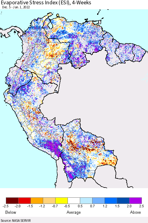 Northern South America Evaporative Stress Index (ESI), 4-Weeks Thematic Map For 12/27/2021 - 1/2/2022