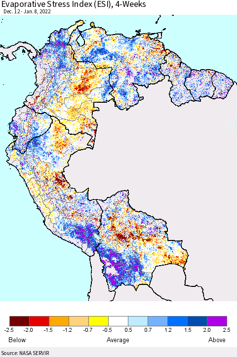 Northern South America Evaporative Stress Index (ESI), 4-Weeks Thematic Map For 1/3/2022 - 1/9/2022