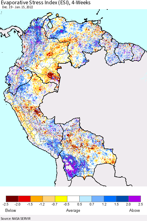 Northern South America Evaporative Stress Index (ESI), 4-Weeks Thematic Map For 1/10/2022 - 1/16/2022