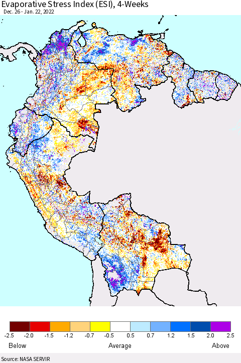 Northern South America Evaporative Stress Index (ESI), 4-Weeks Thematic Map For 1/17/2022 - 1/23/2022