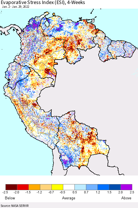 Northern South America Evaporative Stress Index (ESI), 4-Weeks Thematic Map For 1/24/2022 - 1/30/2022