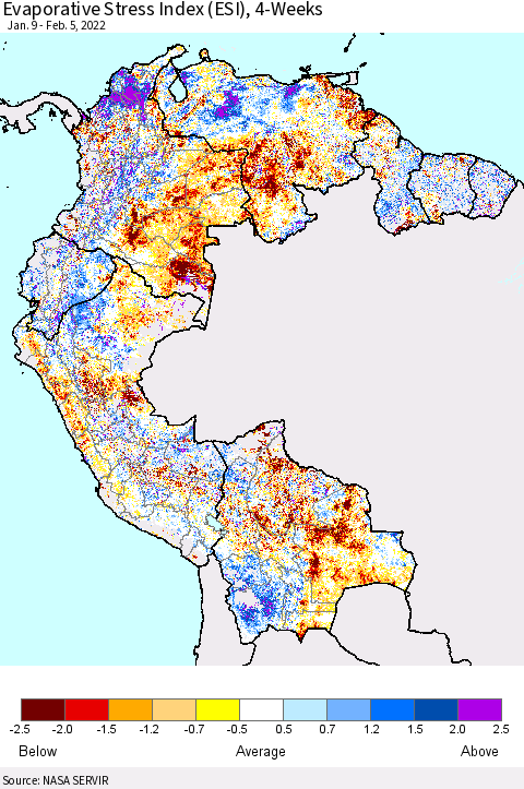 Northern South America Evaporative Stress Index (ESI), 4-Weeks Thematic Map For 1/31/2022 - 2/6/2022