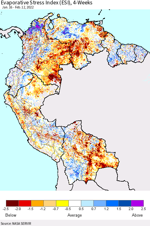 Northern South America Evaporative Stress Index (ESI), 4-Weeks Thematic Map For 2/7/2022 - 2/13/2022