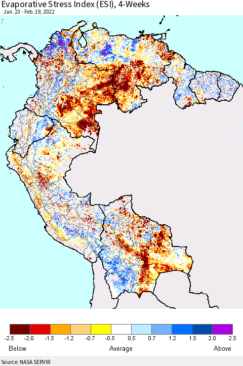 Northern South America Evaporative Stress Index (ESI), 4-Weeks Thematic Map For 2/14/2022 - 2/20/2022