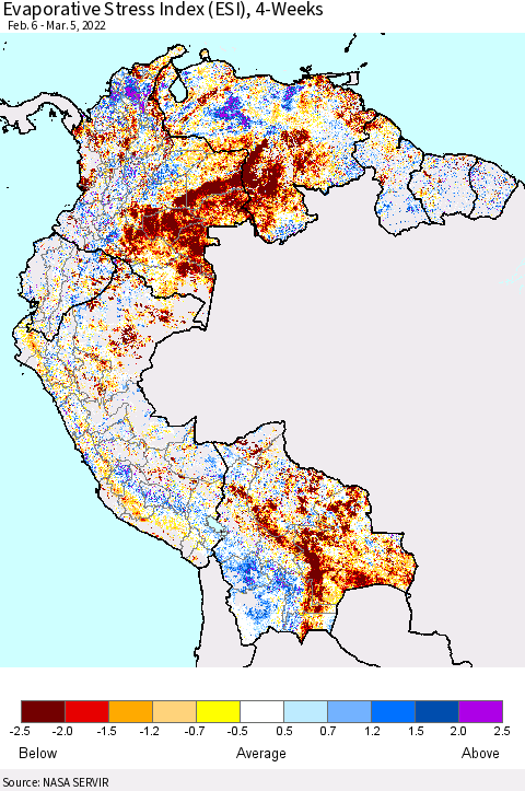Northern South America Evaporative Stress Index (ESI), 4-Weeks Thematic Map For 2/28/2022 - 3/6/2022