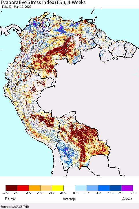 Northern South America Evaporative Stress Index (ESI), 4-Weeks Thematic Map For 3/14/2022 - 3/20/2022