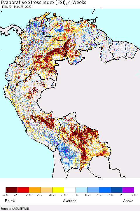 Northern South America Evaporative Stress Index (ESI), 4-Weeks Thematic Map For 3/21/2022 - 3/27/2022