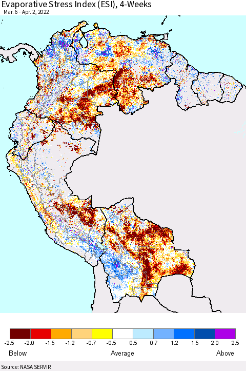 Northern South America Evaporative Stress Index (ESI), 4-Weeks Thematic Map For 3/28/2022 - 4/3/2022