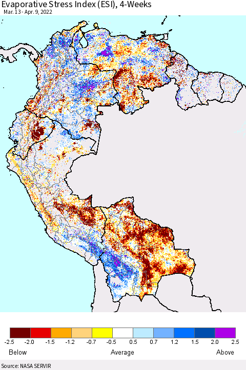 Northern South America Evaporative Stress Index (ESI), 4-Weeks Thematic Map For 4/4/2022 - 4/10/2022