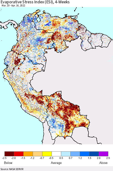 Northern South America Evaporative Stress Index (ESI), 4-Weeks Thematic Map For 4/11/2022 - 4/17/2022