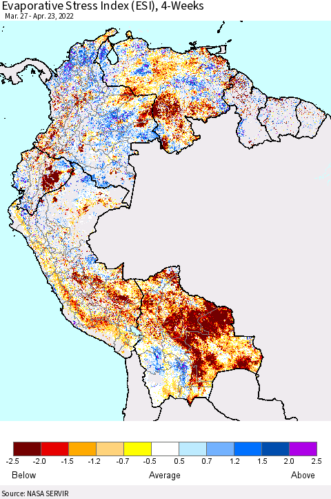 Northern South America Evaporative Stress Index (ESI), 4-Weeks Thematic Map For 4/18/2022 - 4/24/2022