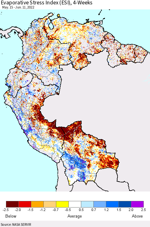 Northern South America Evaporative Stress Index (ESI), 4-Weeks Thematic Map For 6/6/2022 - 6/12/2022