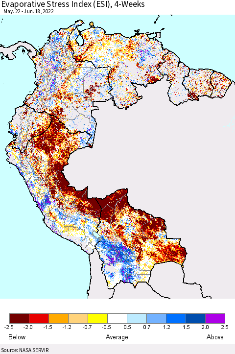 Northern South America Evaporative Stress Index (ESI), 4-Weeks Thematic Map For 6/13/2022 - 6/19/2022