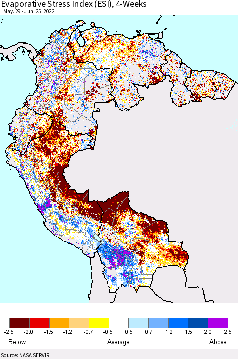 Northern South America Evaporative Stress Index (ESI), 4-Weeks Thematic Map For 6/20/2022 - 6/26/2022